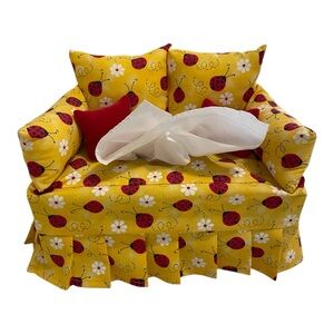 Handmade Ladybug Couch Tissue Paper Box Cover, Yellow & Red w/Pillows.